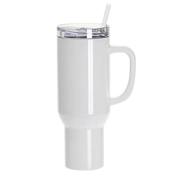 Pearl Coating™ 40oz Sublimation Stainless Steel White Travel Tumbler with Clear Flat Lid & Handle Thumbnail